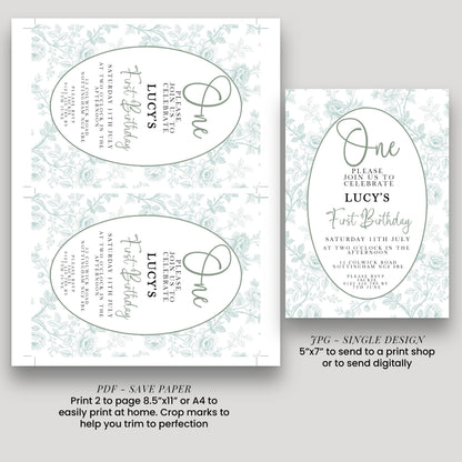 two invitation cards for a first birthday celebration. The cards feature a floral design and text inviting guests to join the celebration of Lucy's first birthday.