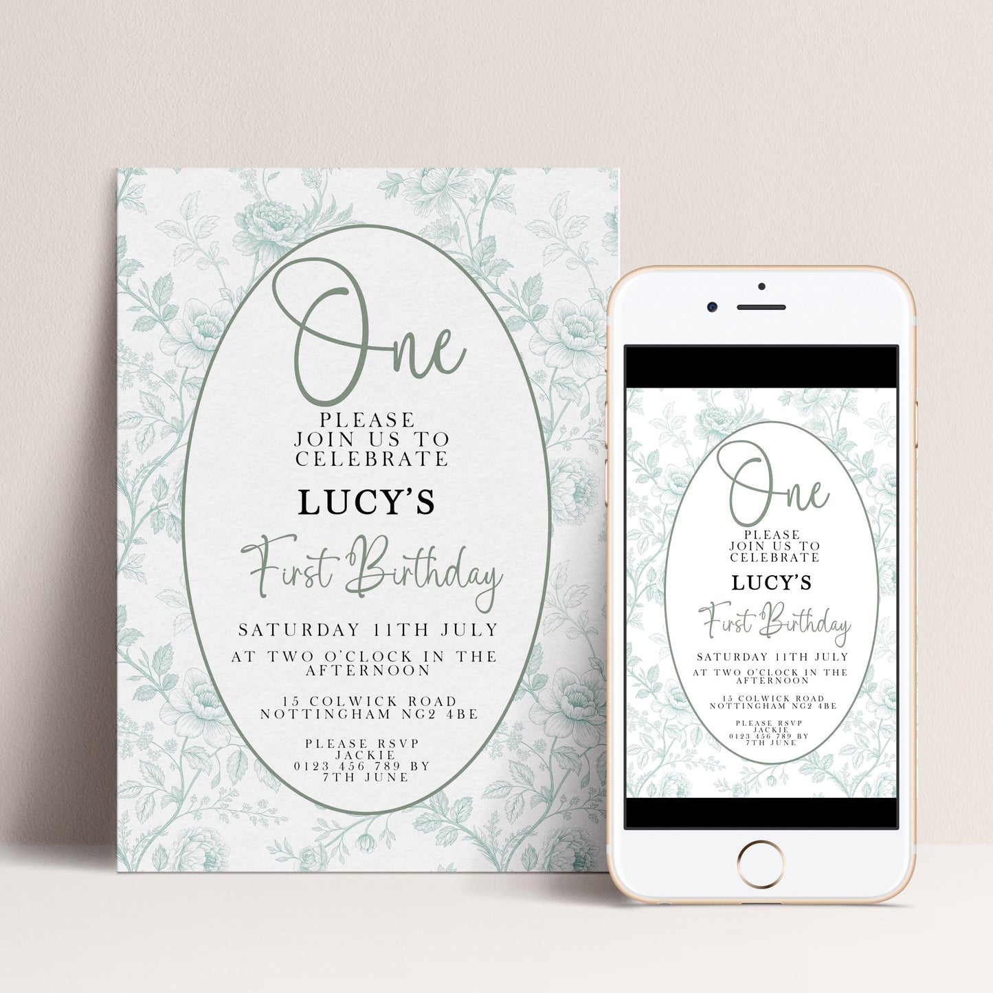 a birthday invitation for Lucy's first birthday, with a white card and a smartphone image of the invitation.
