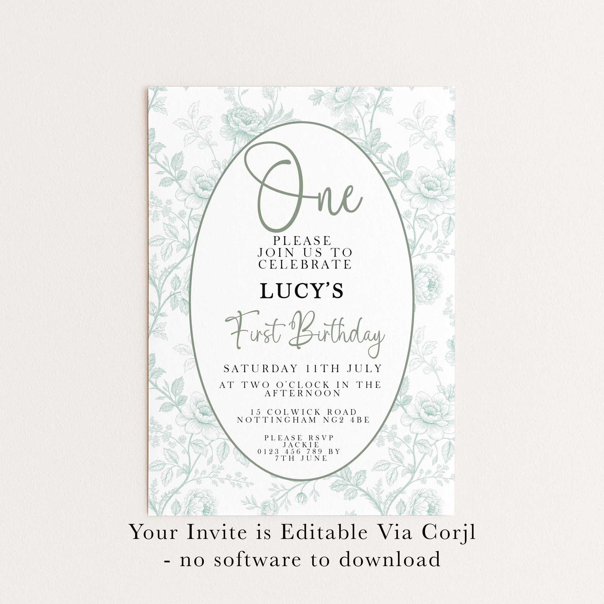 The image is a birthday invitation for a girl named Lucy, which is editable via a computer.