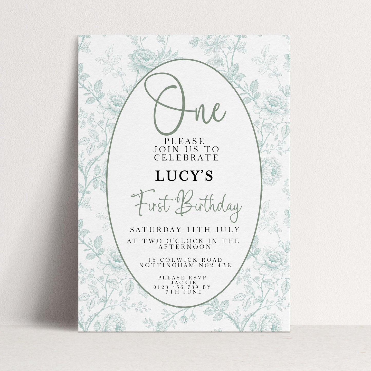 The image is a birthday invitation for a girl named Lucy's first birthday.