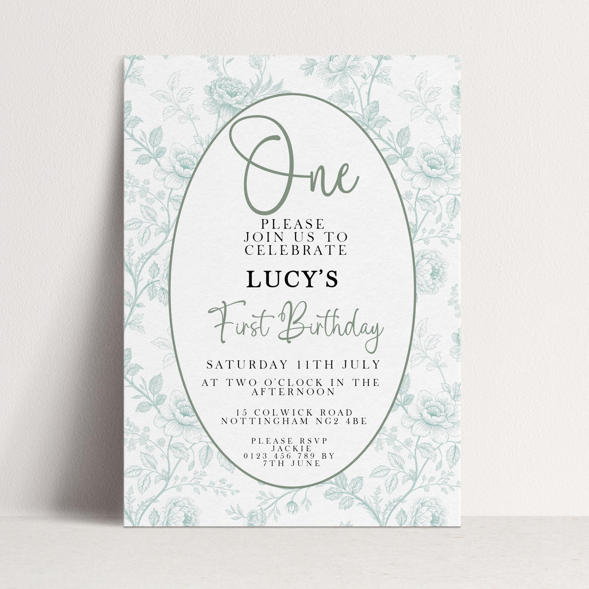 The image is a birthday invitation for a girl named Lucy's first birthday.