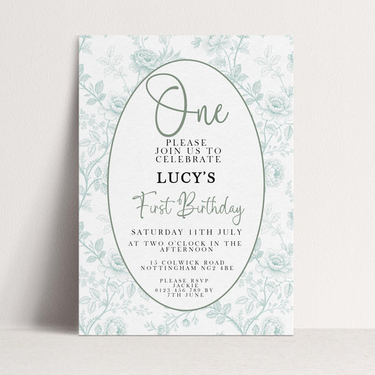 The image is a birthday invitation for a girl named Lucy's first birthday.