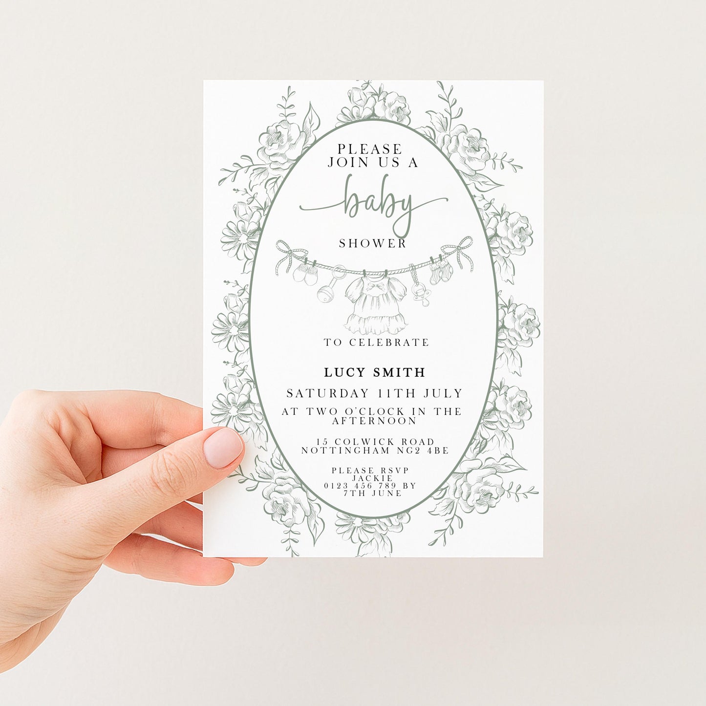 Editable Green Toile Baby Shower Invitation, Vintage Baby Invite for Boy or Gender Neutral, Printable Shower Template, Corjl Design PT20