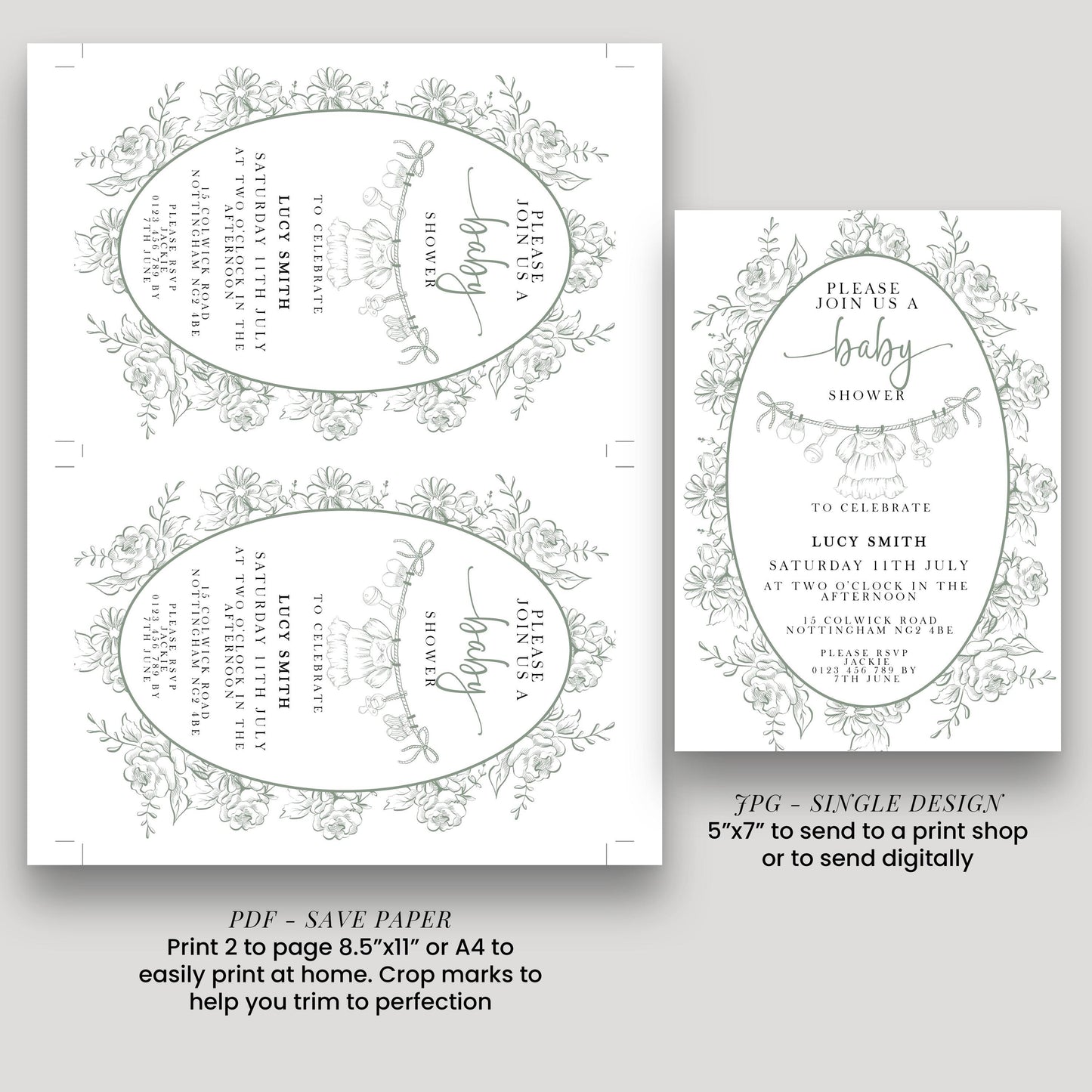 Editable Green Toile Baby Shower Invitation, Vintage Baby Invite for Boy or Gender Neutral, Printable Shower Template, Corjl Design PT20