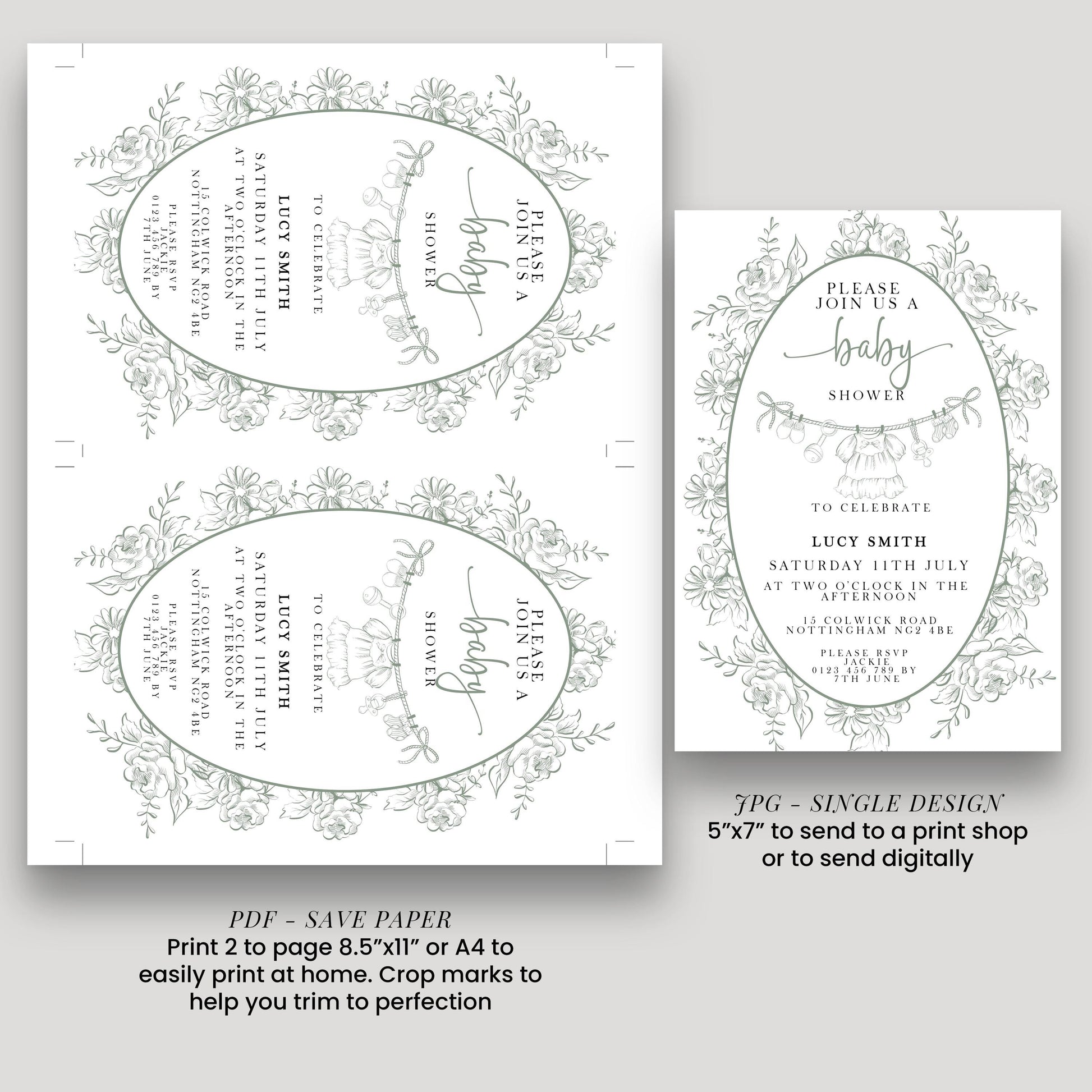 Editable Green Toile Baby Shower Invitation, Vintage Baby Invite for Boy or Gender Neutral, Printable Shower Template, Corjl Design PT20