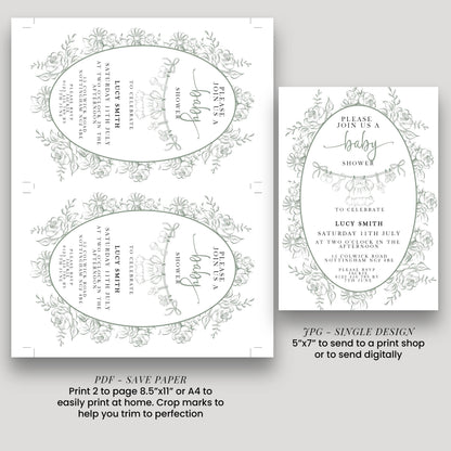 Editable Green Toile Baby Shower Invitation, Vintage Baby Invite for Boy or Gender Neutral, Printable Shower Template, Corjl Design PT20
