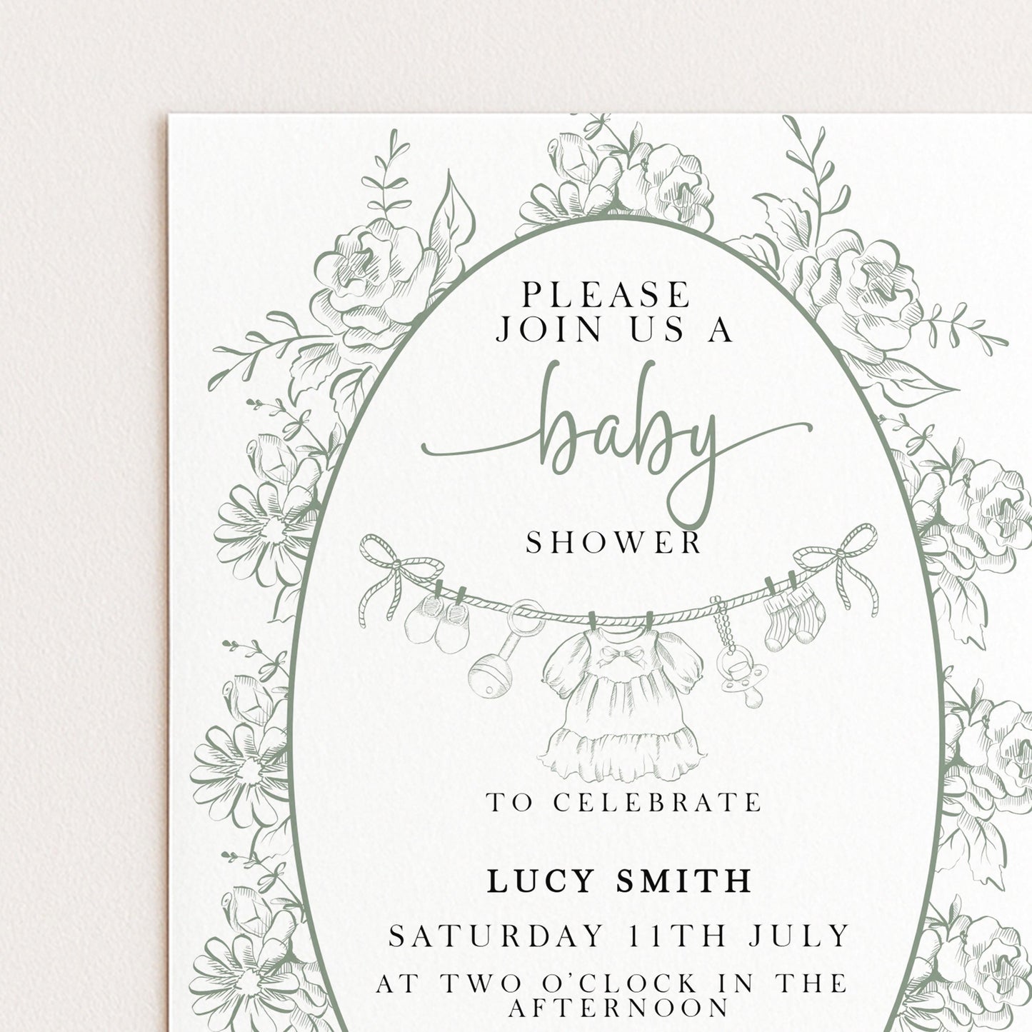 Editable Green Toile Baby Shower Invitation, Vintage Baby Invite for Boy or Gender Neutral, Printable Shower Template, Corjl Design PT20