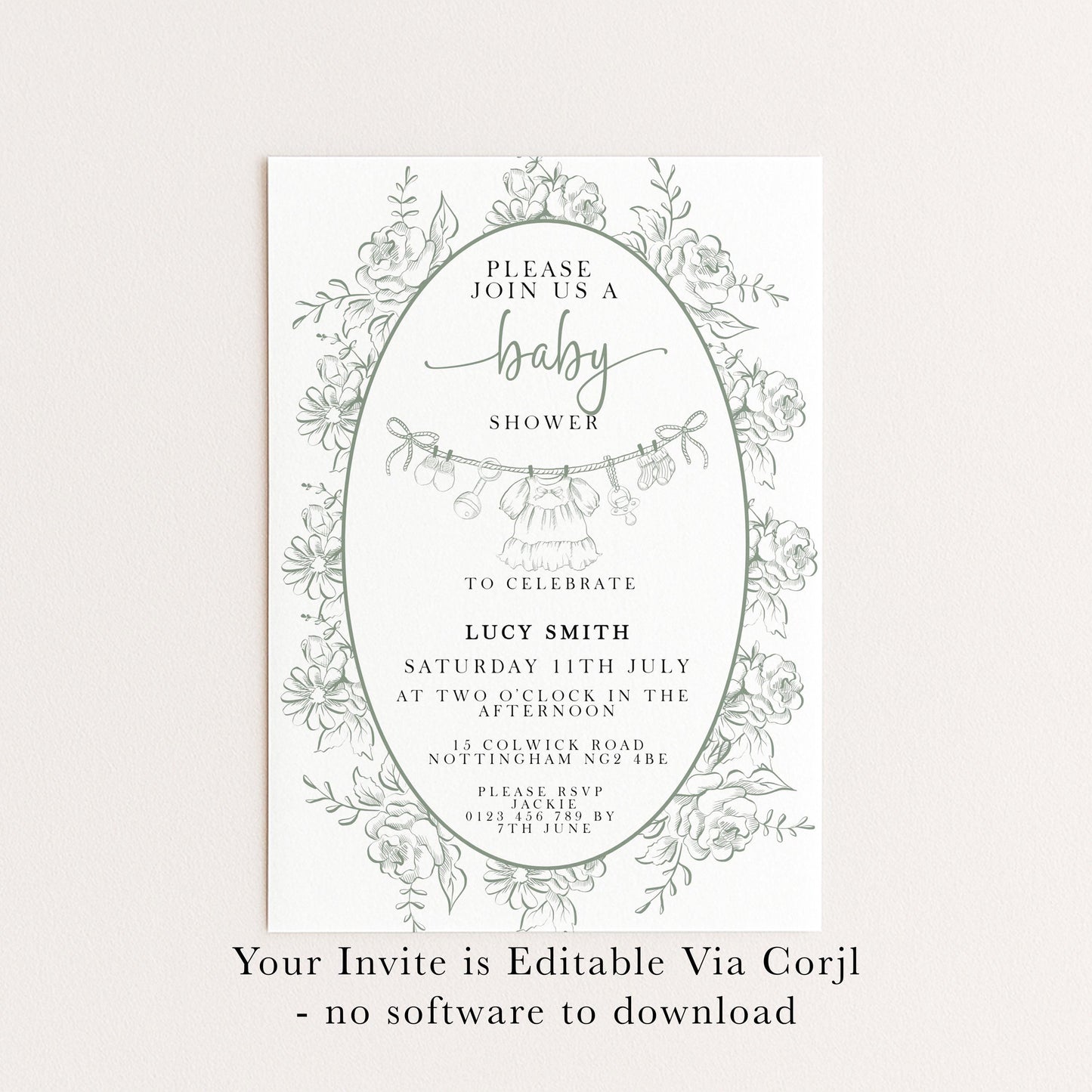 Editable Green Toile Baby Shower Invitation, Vintage Baby Invite for Boy or Gender Neutral, Printable Shower Template, Corjl Design PT20