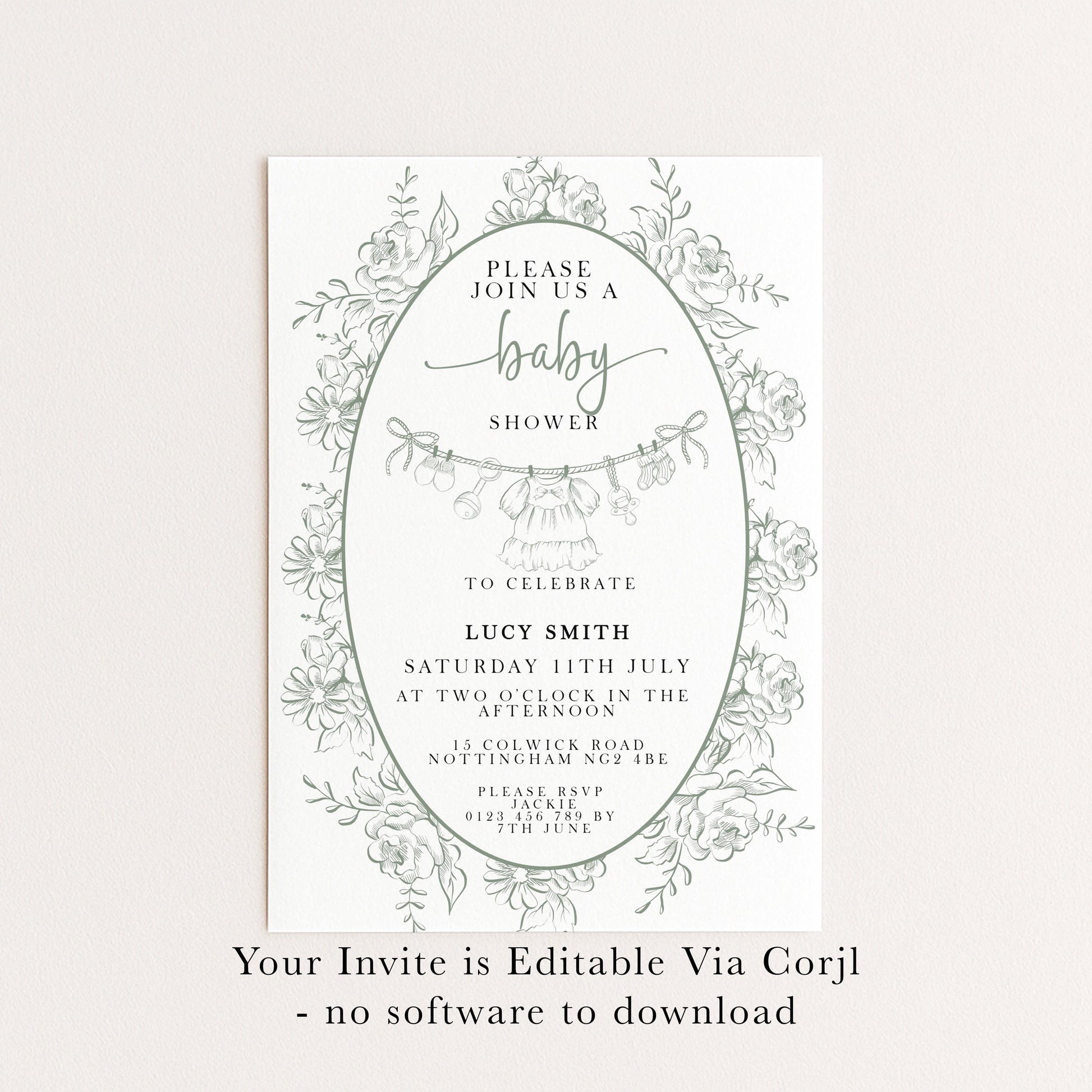 Editable Green Toile Baby Shower Invitation, Vintage Baby Invite for Boy or Gender Neutral, Printable Shower Template, Corjl Design PT20