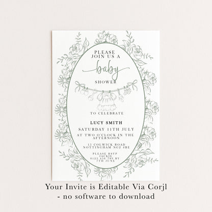 Editable Green Toile Baby Shower Invitation, Vintage Baby Invite for Boy or Gender Neutral, Printable Shower Template, Corjl Design PT20