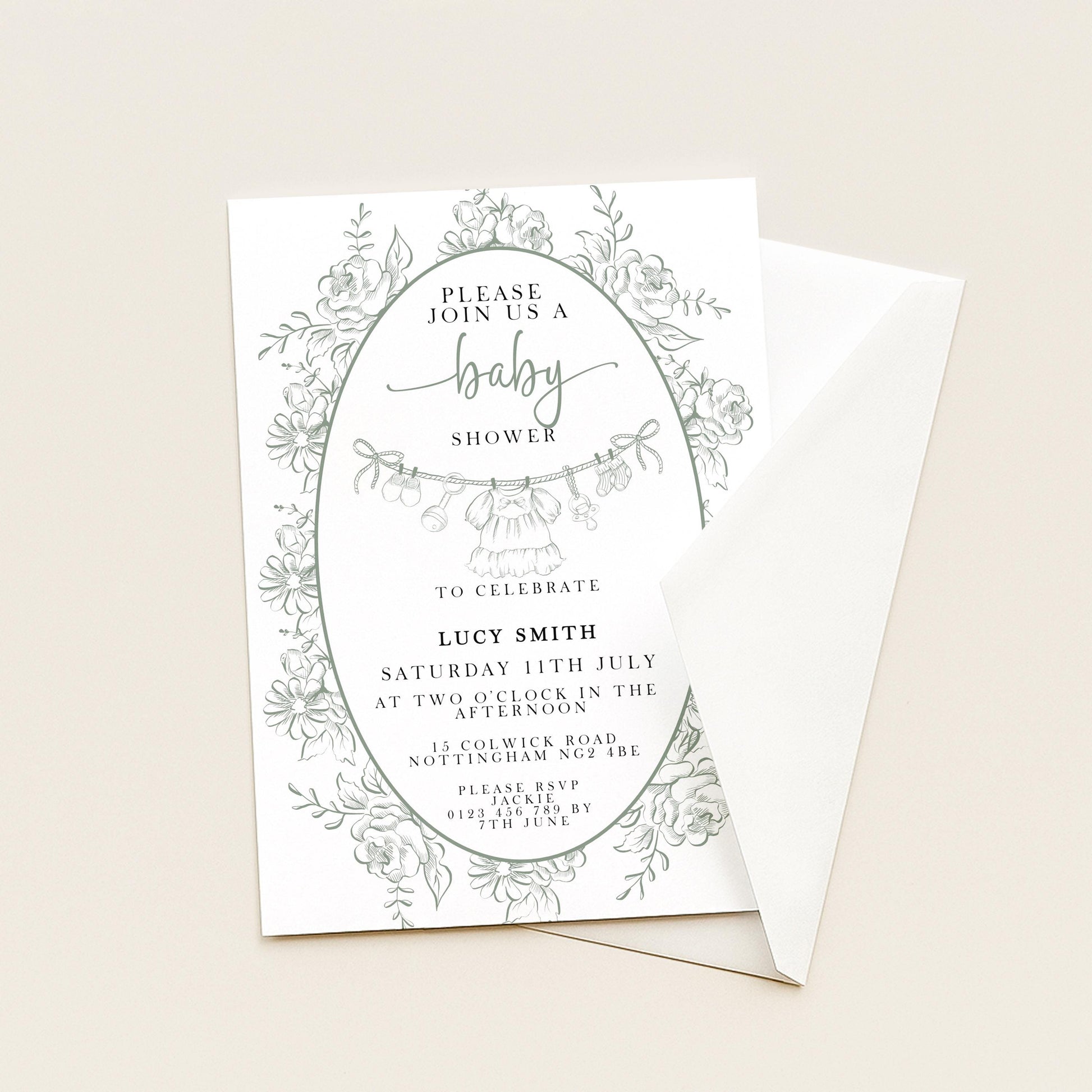 Editable Green Toile Baby Shower Invitation, Vintage Baby Invite for Boy or Gender Neutral, Printable Shower Template, Corjl Design PT20