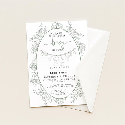 Editable Green Toile Baby Shower Invitation, Vintage Baby Invite for Boy or Gender Neutral, Printable Shower Template, Corjl Design PT20