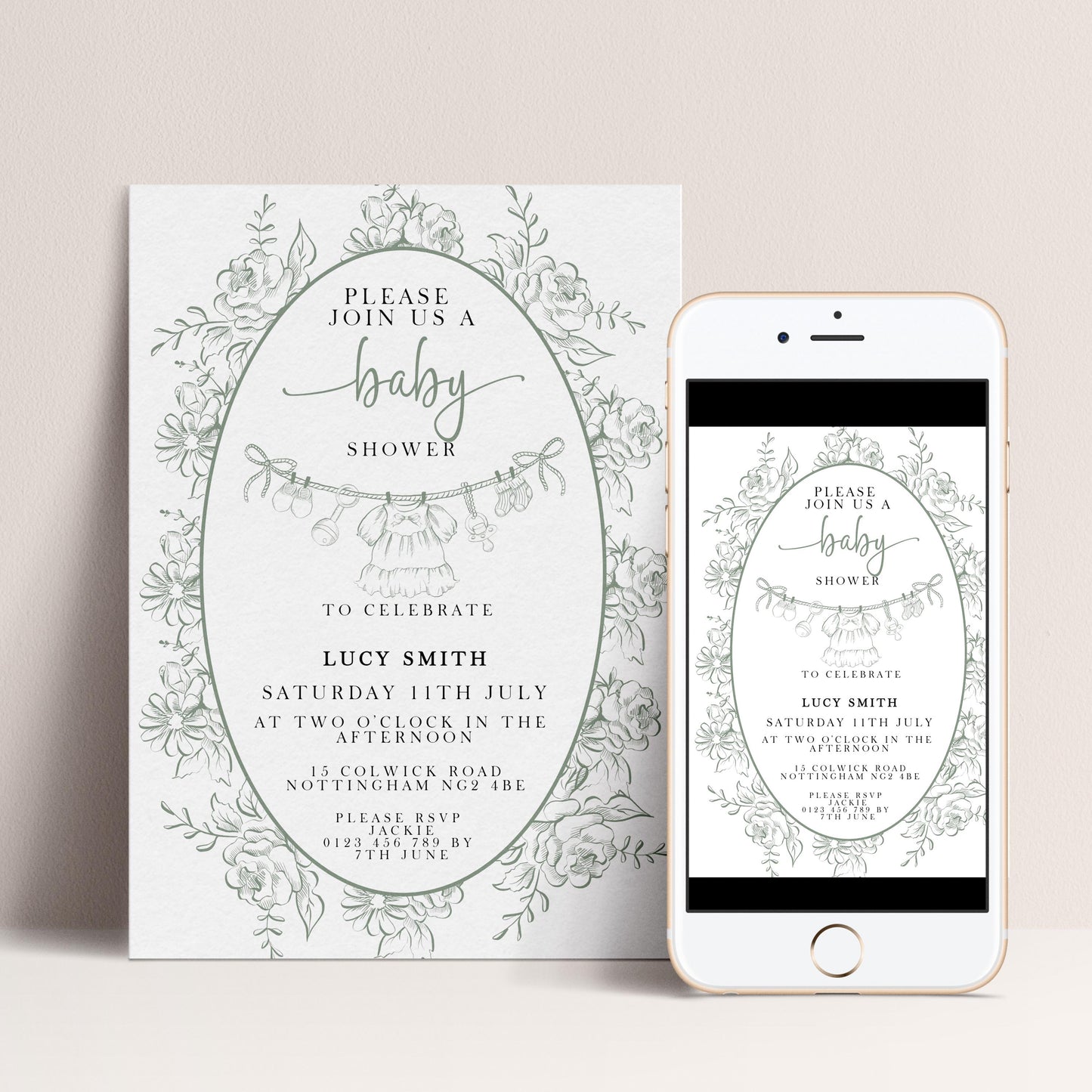 Editable Green Toile Baby Shower Invitation, Vintage Baby Invite for Boy or Gender Neutral, Printable Shower Template, Corjl Design PT20