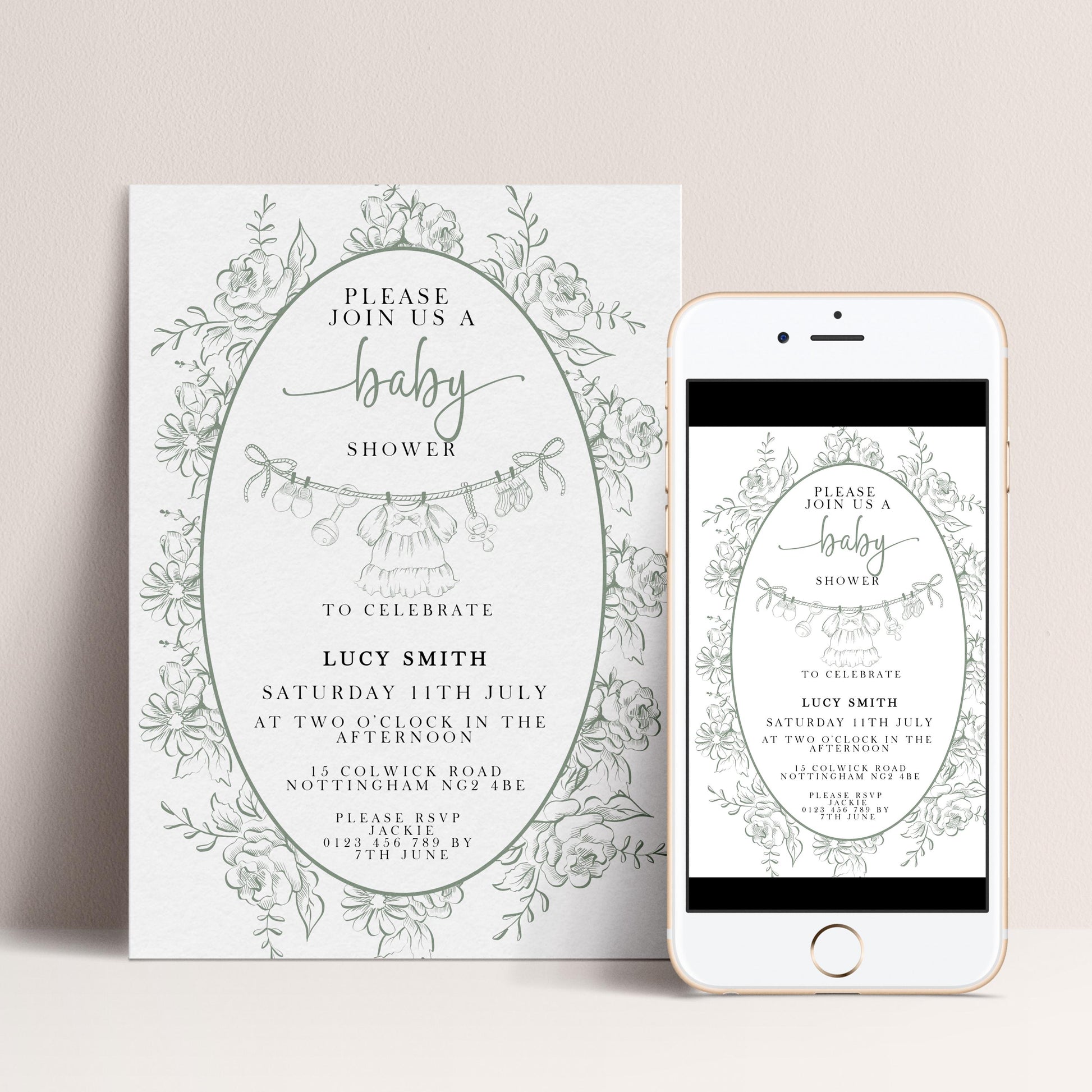 Editable Green Toile Baby Shower Invitation, Vintage Baby Invite for Boy or Gender Neutral, Printable Shower Template, Corjl Design PT20