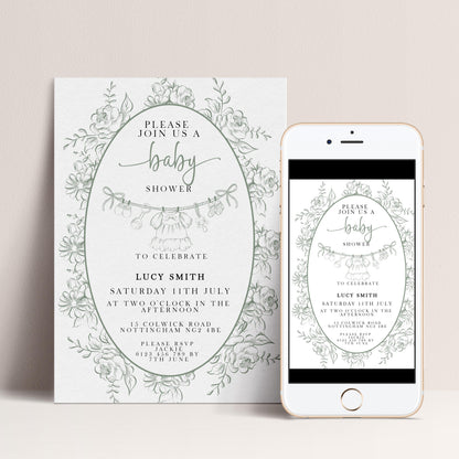 Editable Green Toile Baby Shower Invitation, Vintage Baby Invite for Boy or Gender Neutral, Printable Shower Template, Corjl Design PT20