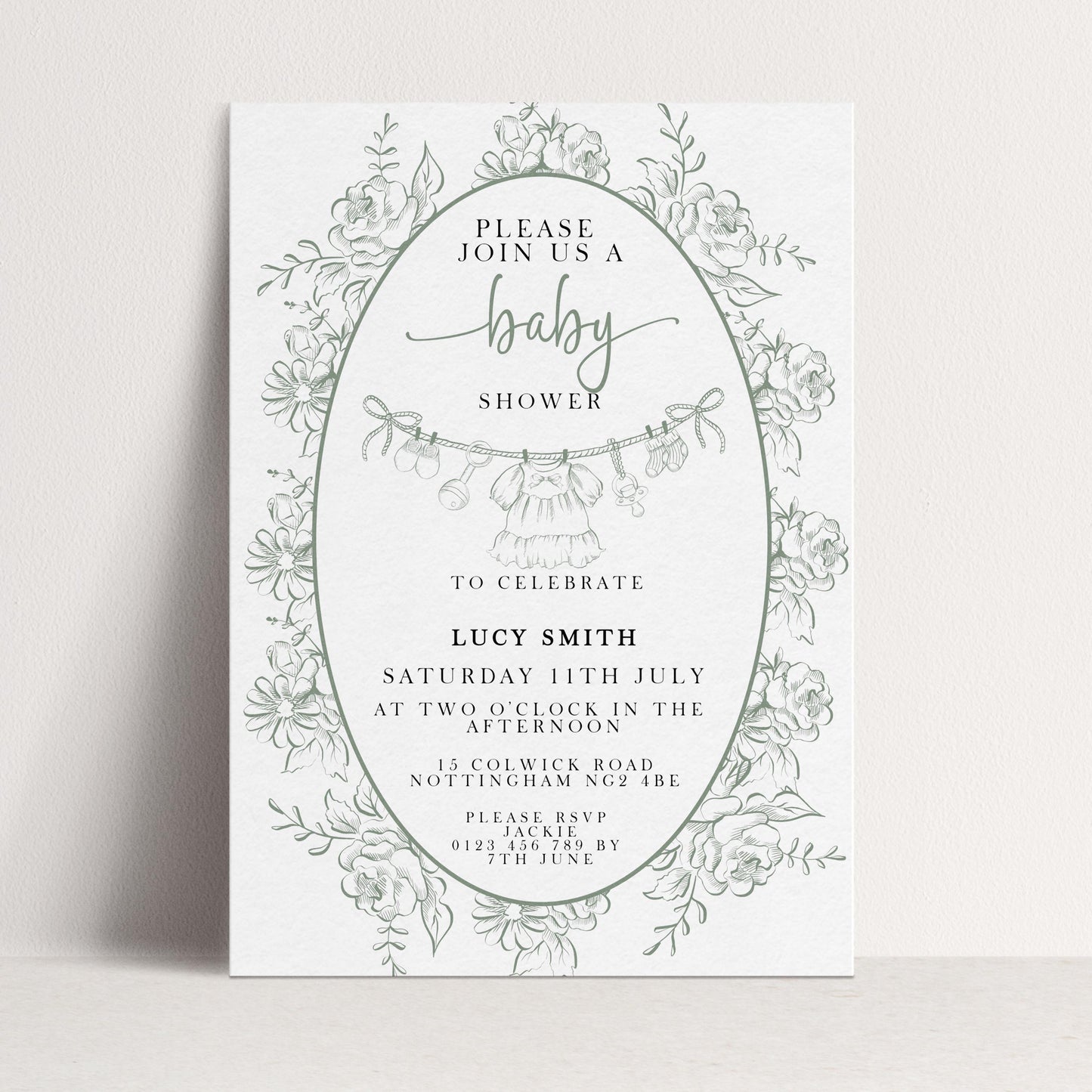 Editable Green Toile Baby Shower Invitation, Vintage Baby Invite for Boy or Gender Neutral, Printable Shower Template, Corjl Design PT20