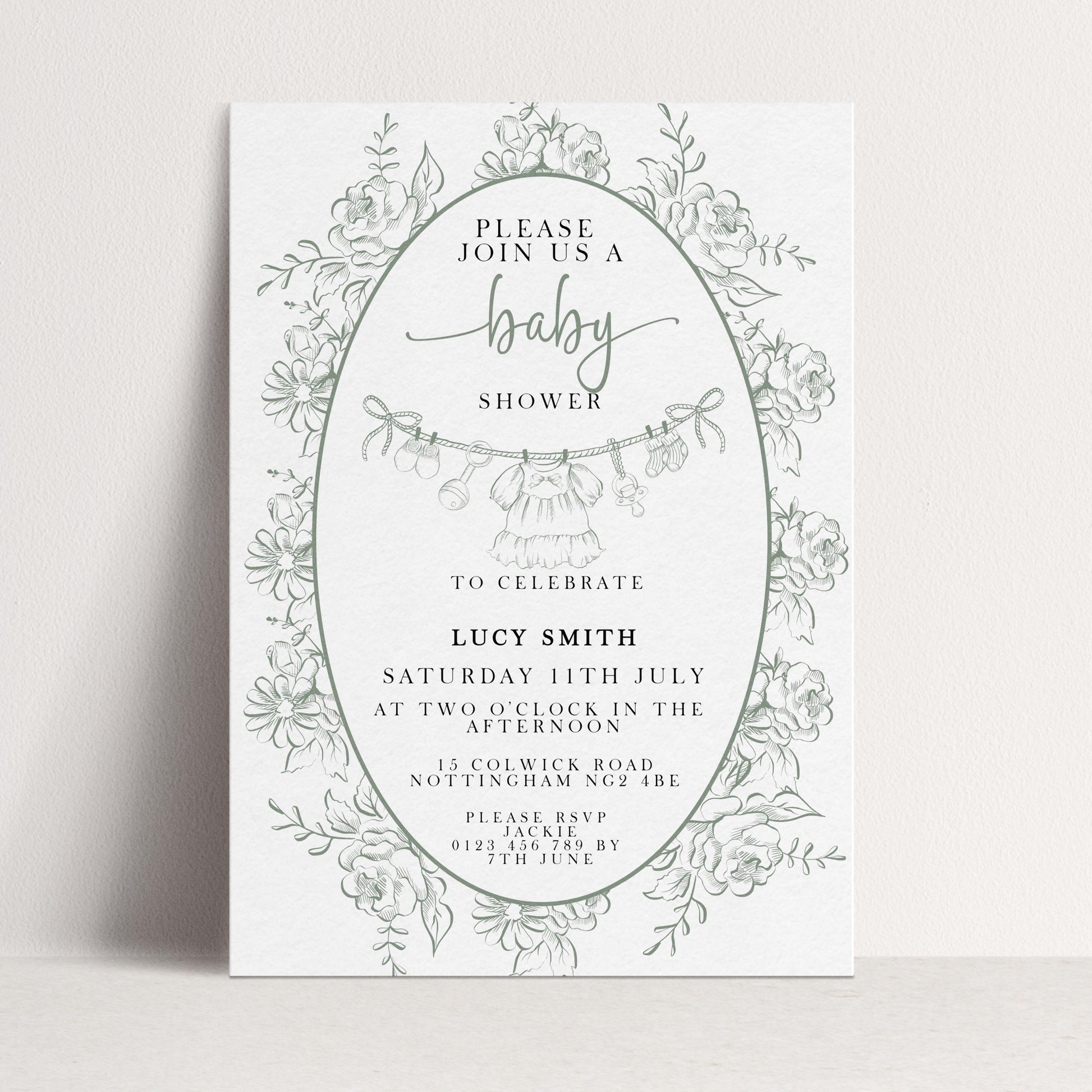 Editable Green Toile Baby Shower Invitation, Vintage Baby Invite for Boy or Gender Neutral, Printable Shower Template, Corjl Design PT20