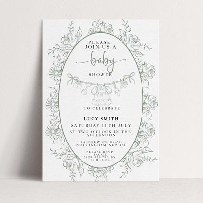Editable Green Toile Baby Shower Invitation, Vintage Baby Invite for Boy or Gender Neutral, Printable Shower Template, Corjl Design PT20