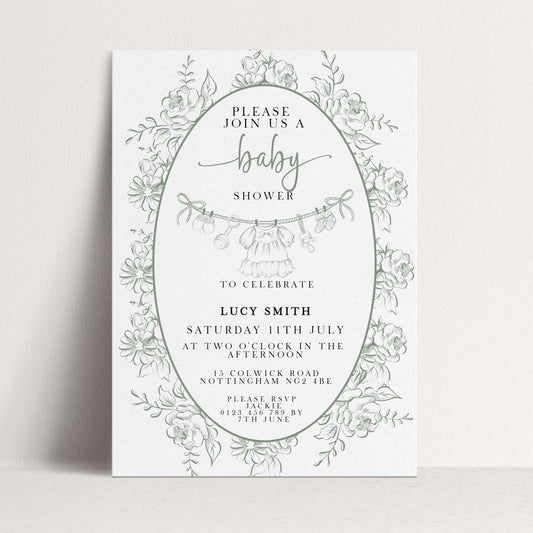 Editable Green Toile Baby Shower Invitation, Vintage Baby Invite for Boy or Gender Neutral, Printable Shower Template, Corjl Design PT20