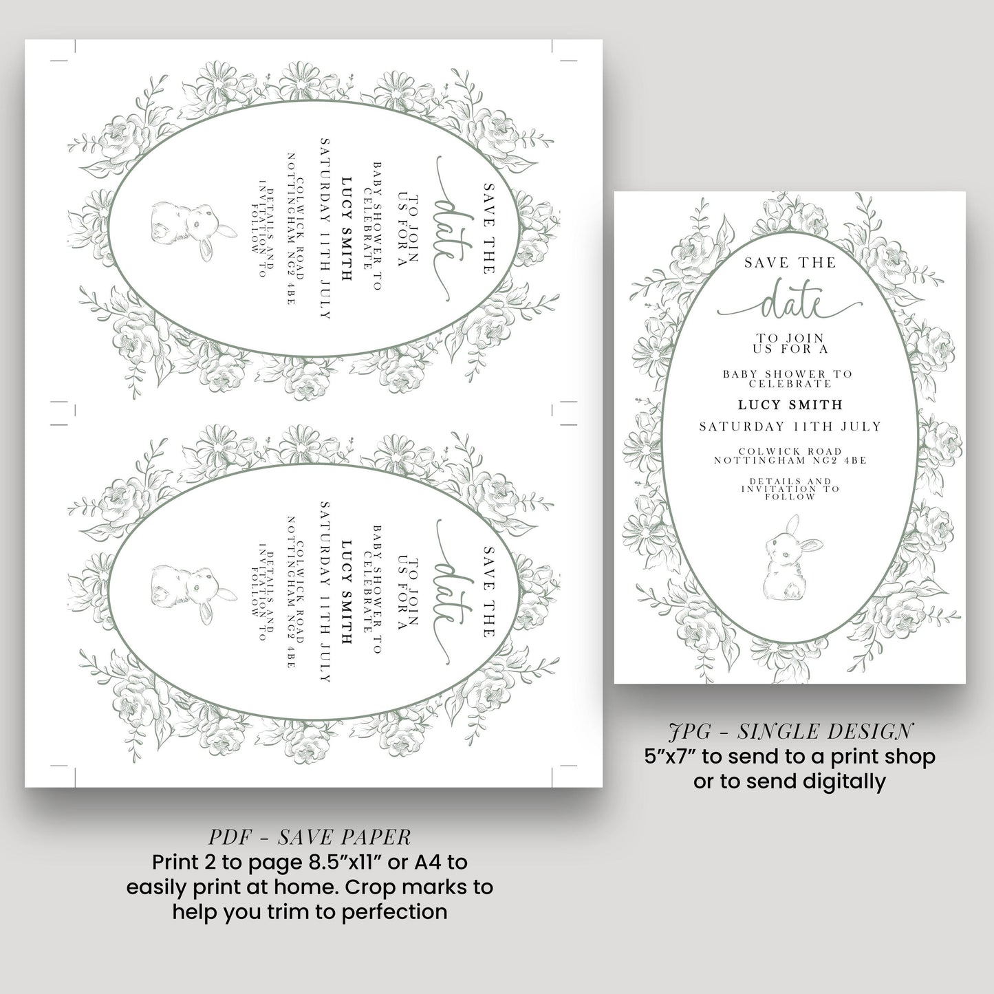Editable Green Toile Baby Shower Save the Date Card, Vintage Bunny Printable Template, Garden Baby Shower Announcement, Corjl Template PT20