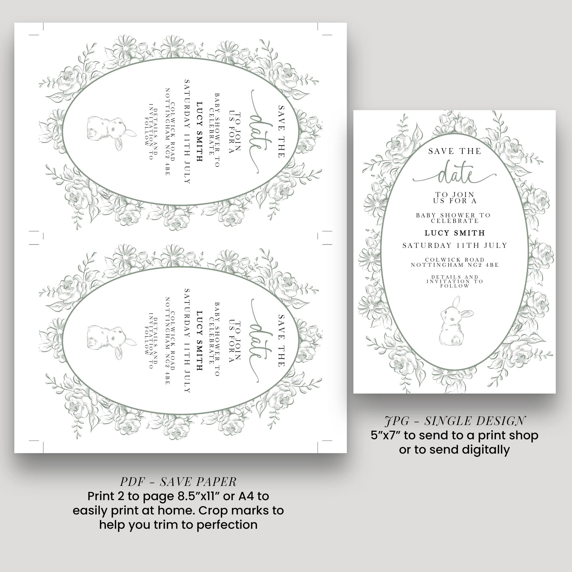 Editable Green Toile Baby Shower Save the Date Card, Vintage Bunny Printable Template, Garden Baby Shower Announcement, Corjl Template PT20
