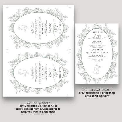 Editable Green Toile Baby Shower Save the Date Card, Vintage Bunny Printable Template, Garden Baby Shower Announcement, Corjl Template PT20