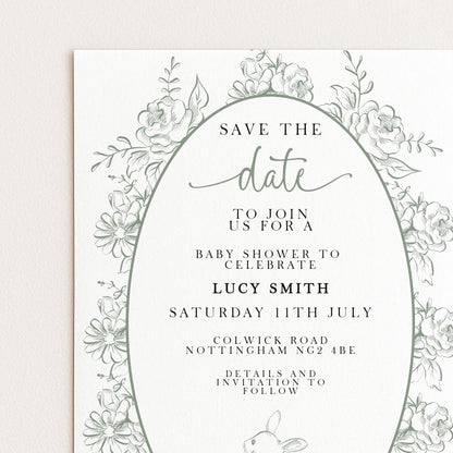 Editable Green Toile Baby Shower Save the Date Card, Vintage Bunny Printable Template, Garden Baby Shower Announcement, Corjl Template PT20