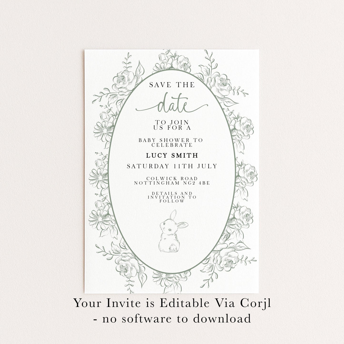 Editable Green Toile Baby Shower Save the Date Card, Vintage Bunny Printable Template, Garden Baby Shower Announcement, Corjl Template PT20