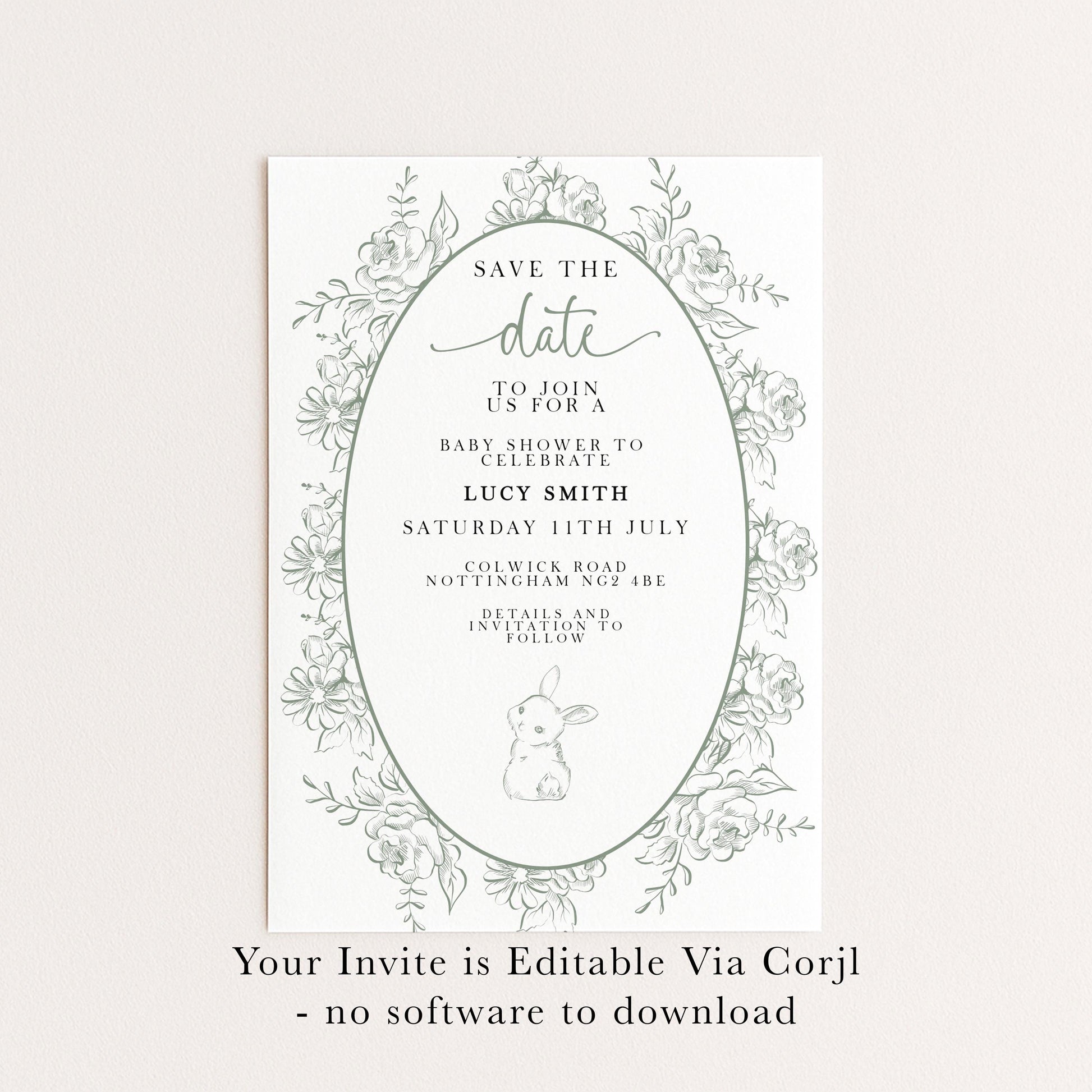 Editable Green Toile Baby Shower Save the Date Card, Vintage Bunny Printable Template, Garden Baby Shower Announcement, Corjl Template PT20