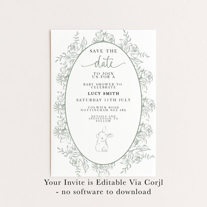Editable Green Toile Baby Shower Save the Date Card, Vintage Bunny Printable Template, Garden Baby Shower Announcement, Corjl Template PT20
