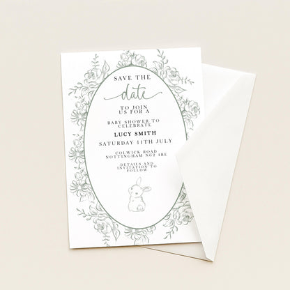 Editable Green Toile Baby Shower Save the Date Card, Vintage Bunny Printable Template, Garden Baby Shower Announcement, Corjl Template PT20