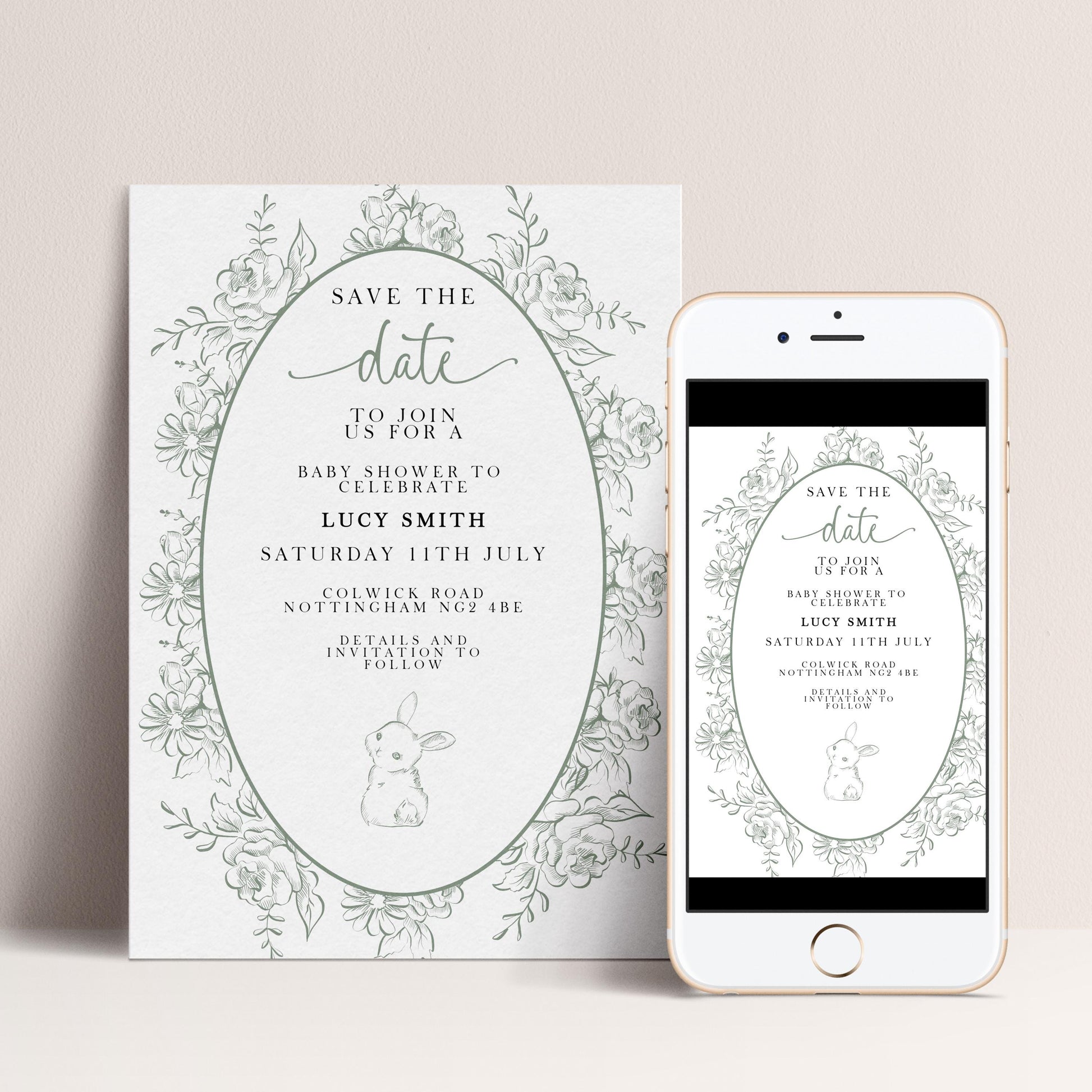 Editable Green Toile Baby Shower Save the Date Card, Vintage Bunny Printable Template, Garden Baby Shower Announcement, Corjl Template PT20