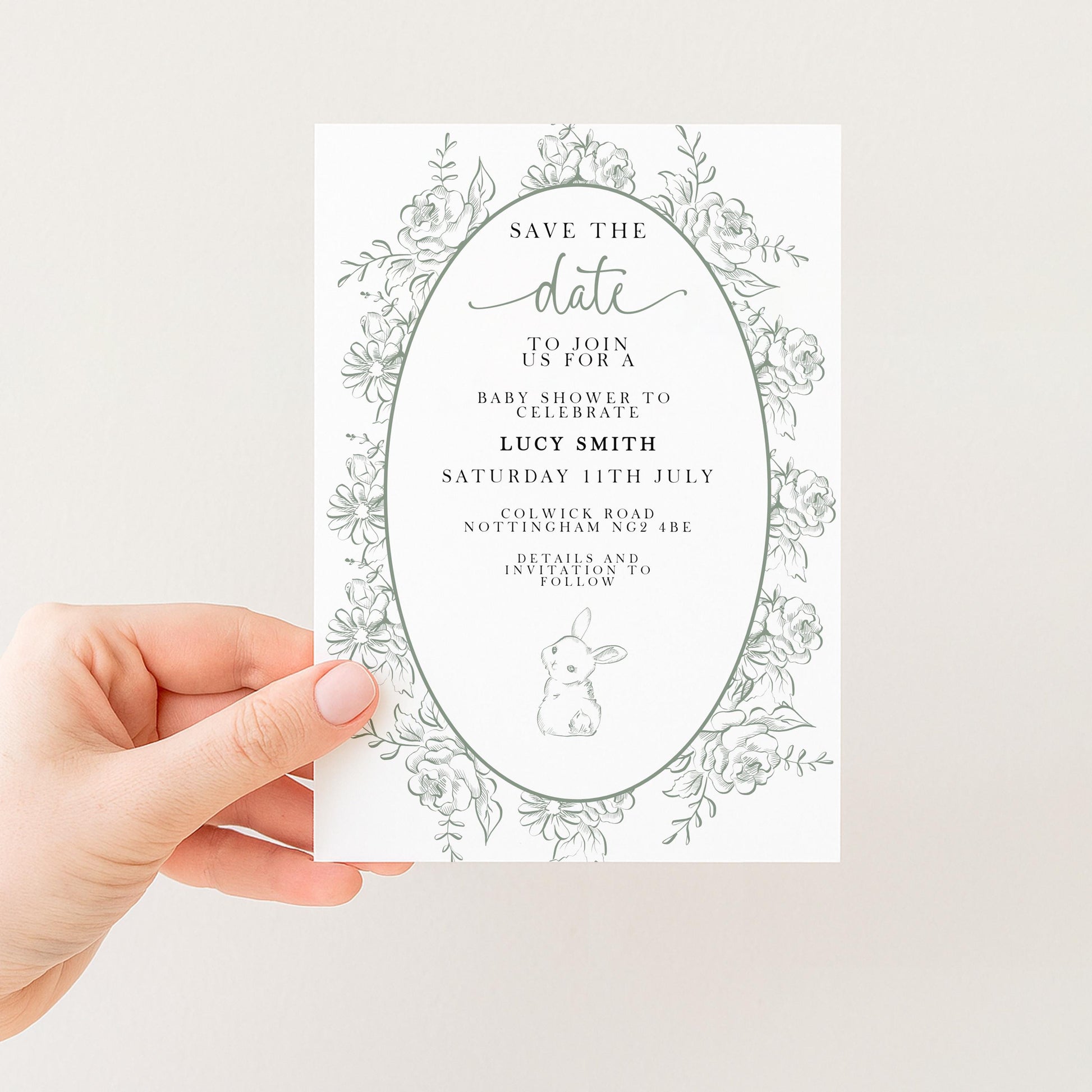 Editable Green Toile Baby Shower Save the Date Card, Vintage Bunny Printable Template, Garden Baby Shower Announcement, Corjl Template PT20