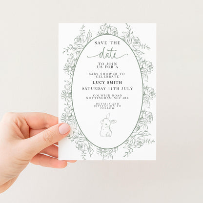 Editable Green Toile Baby Shower Save the Date Card, Vintage Bunny Printable Template, Garden Baby Shower Announcement, Corjl Template PT20