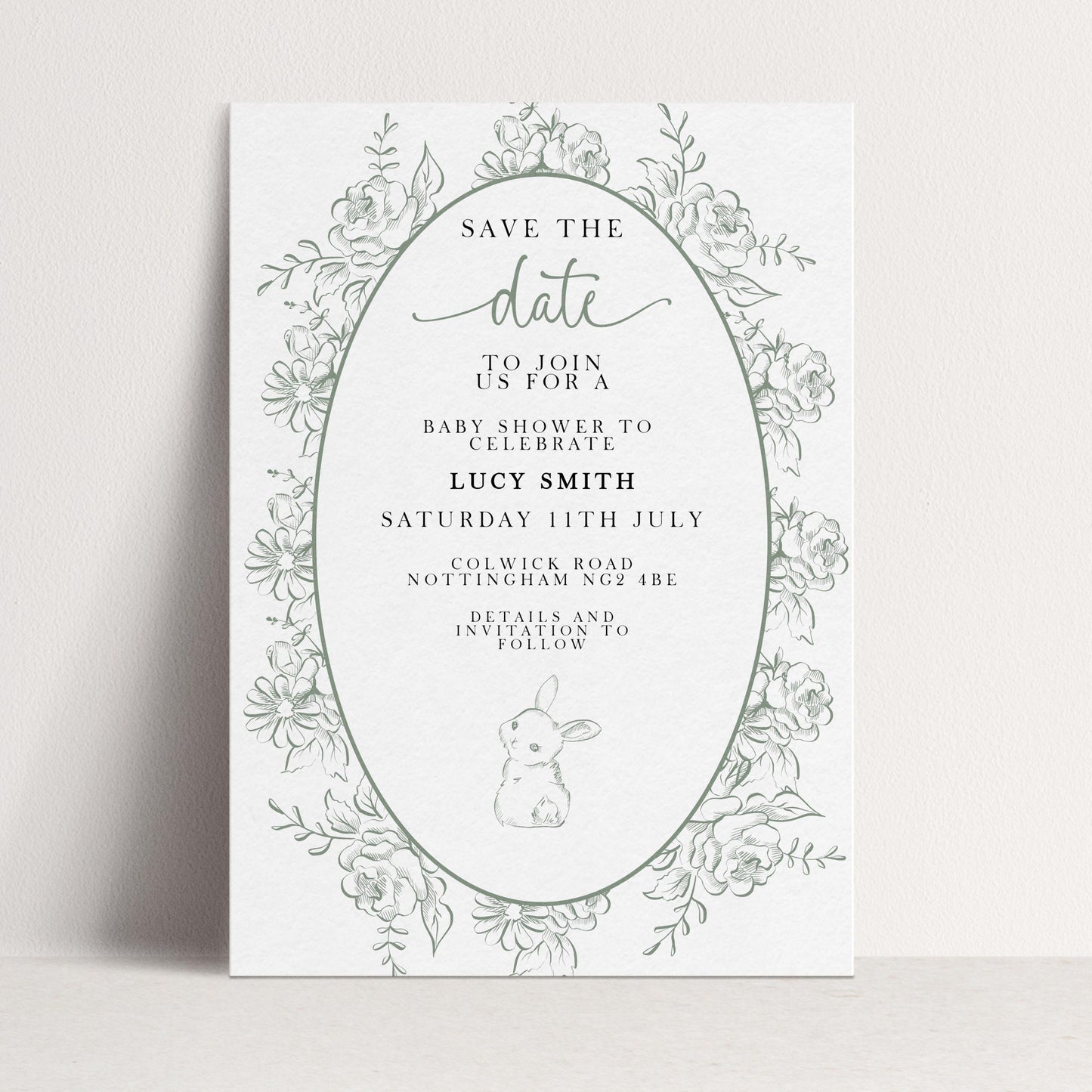 Editable Green Toile Baby Shower Save the Date Card, Vintage Bunny Printable Template, Garden Baby Shower Announcement, Corjl Template PT20