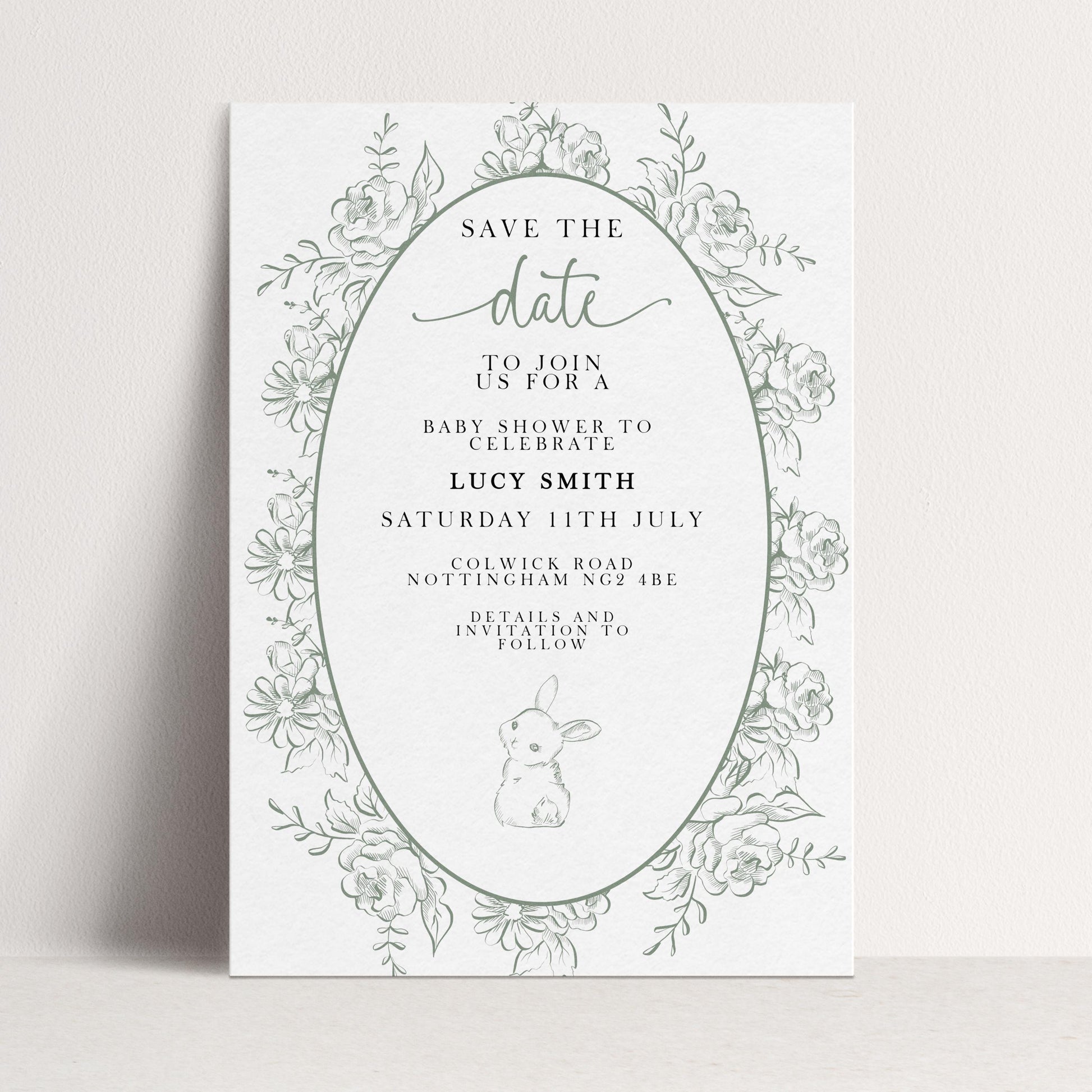Editable Green Toile Baby Shower Save the Date Card, Vintage Bunny Printable Template, Garden Baby Shower Announcement, Corjl Template PT20