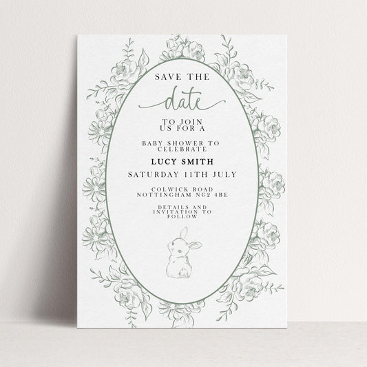 Editable Green Toile Baby Shower Save the Date Card, Vintage Bunny Printable Template, Garden Baby Shower Announcement, Corjl Template PT20