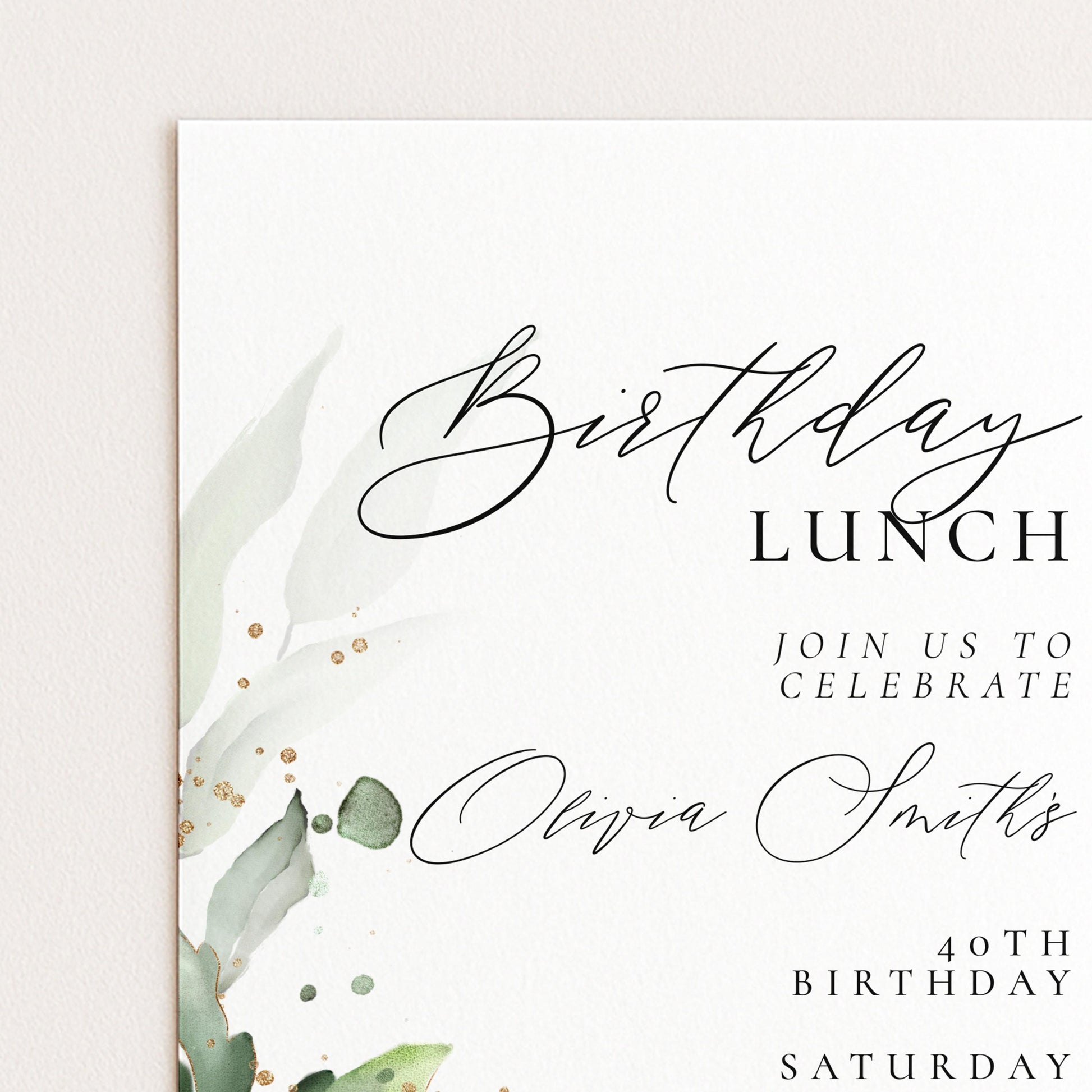 The image is a birthday invitation card with a white background and a watercolor-like design featuring green leaves and gold glitter.