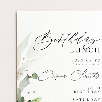 The image is a birthday invitation card with a white background and a watercolor-like design featuring green leaves and gold glitter.