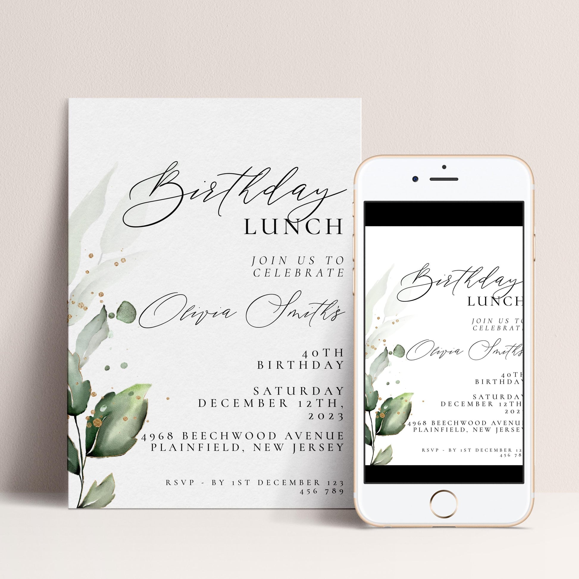a birthday invitation for a lunch celebration, featuring a white background with a green leaf design and text.