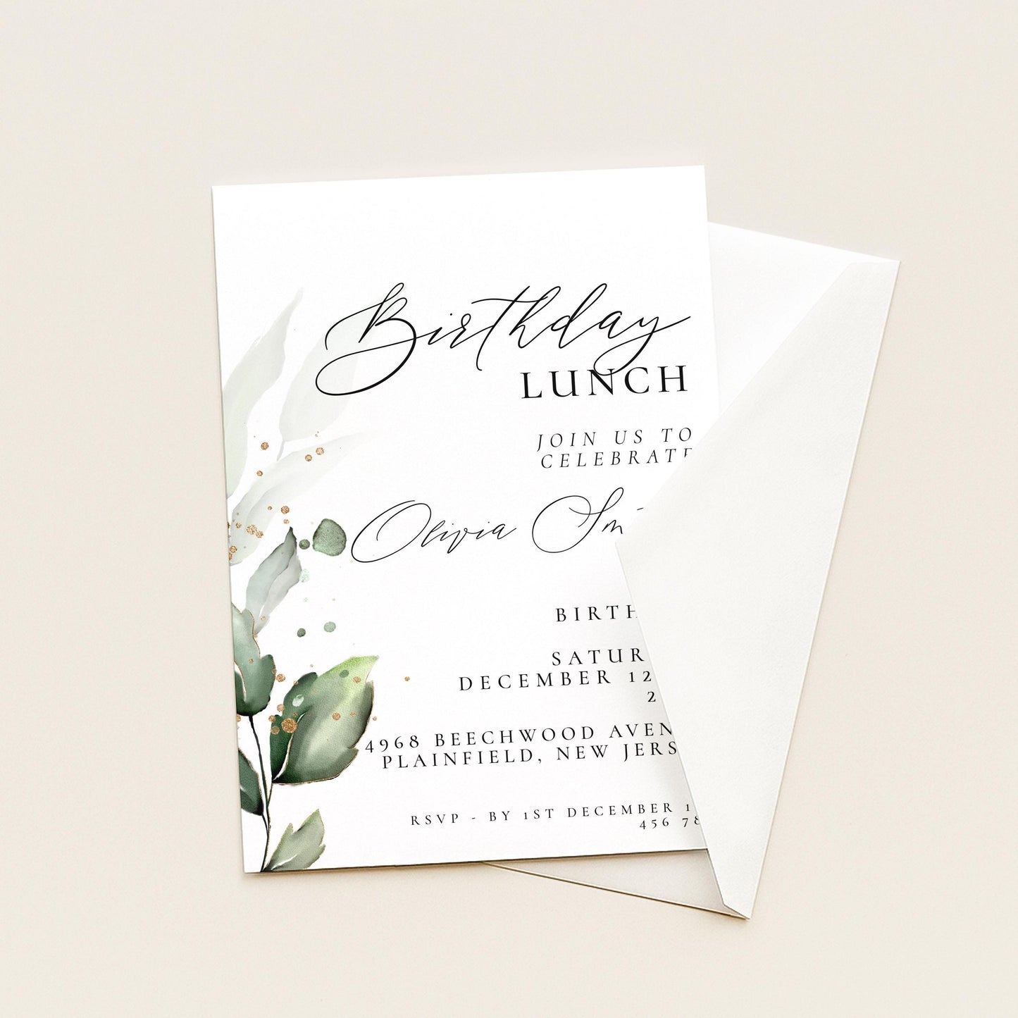 The image is a birthday invitation card with a white background and a green leaf design. The text on the card invites guests to a birthday lunch and provides details about the event, including the date, time, location, and RSVP instructions.