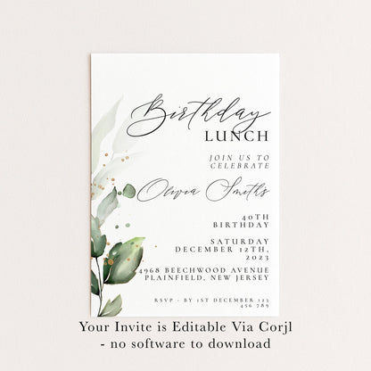 The image is a birthday invitation for a lunch celebration.