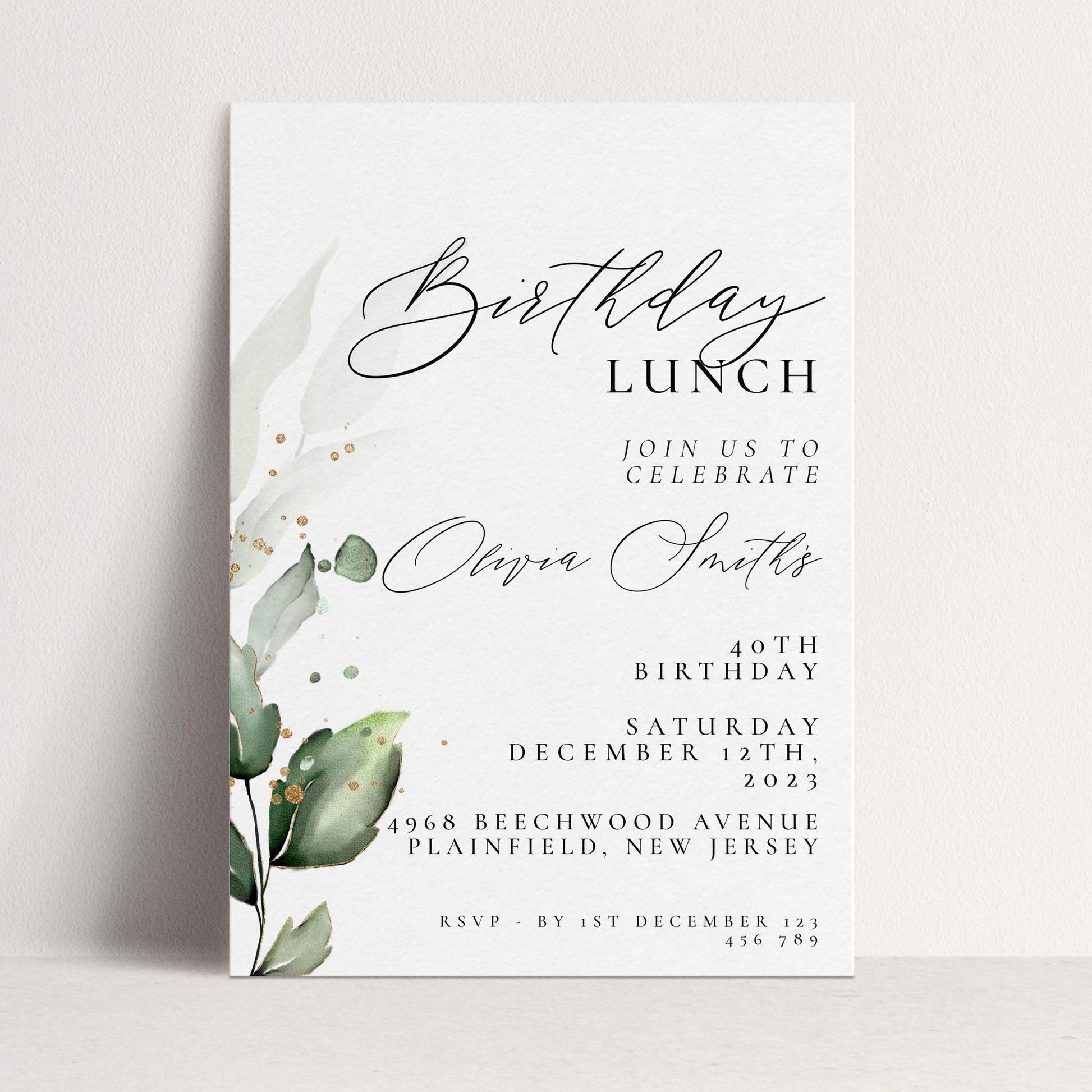The image is a birthday invitation card with a white background and a watercolor design of green leaves. The text invites guests to a birthday lunch celebration on Saturday, December 12th, 2023, at 4968 Beechwood Avenue in Plainfield, New Jersey. The invitation includes details about the event, such as the RSVP date and location.