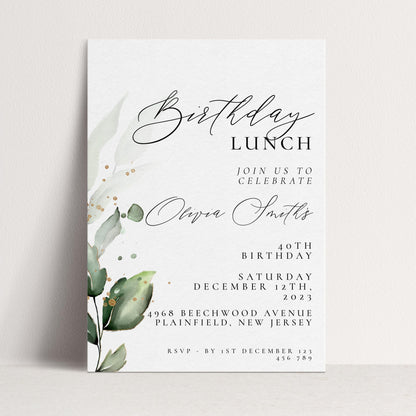 The image is a birthday invitation card with a white background and a watercolor design of green leaves. The text invites guests to a birthday lunch celebration on Saturday, December 12th, 2023, at 4968 Beechwood Avenue in Plainfield, New Jersey. The invitation includes details about the event, such as the RSVP date and location.