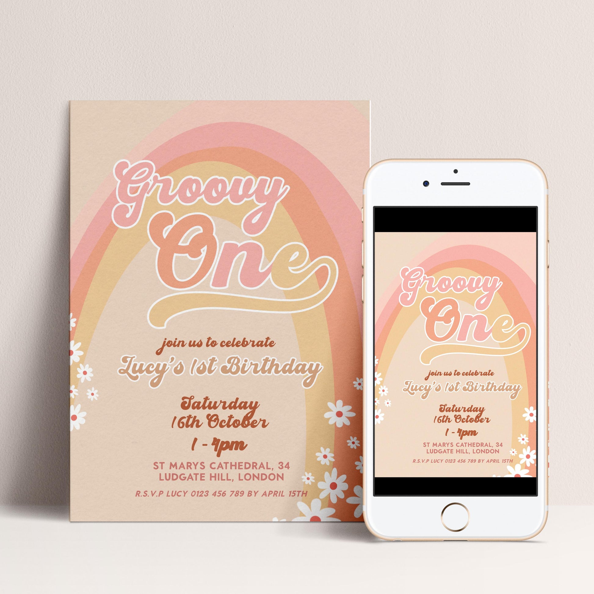Groovy One Birthday Invitation, Retro First Birthday Party Invite, Boho Rainbow 1st Birthday, Editable Template GR78