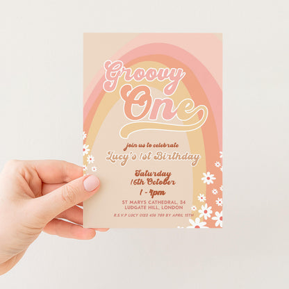 Groovy One Birthday Invitation, Retro First Birthday Party Invite, Boho Rainbow 1st Birthday, Editable Template GR78