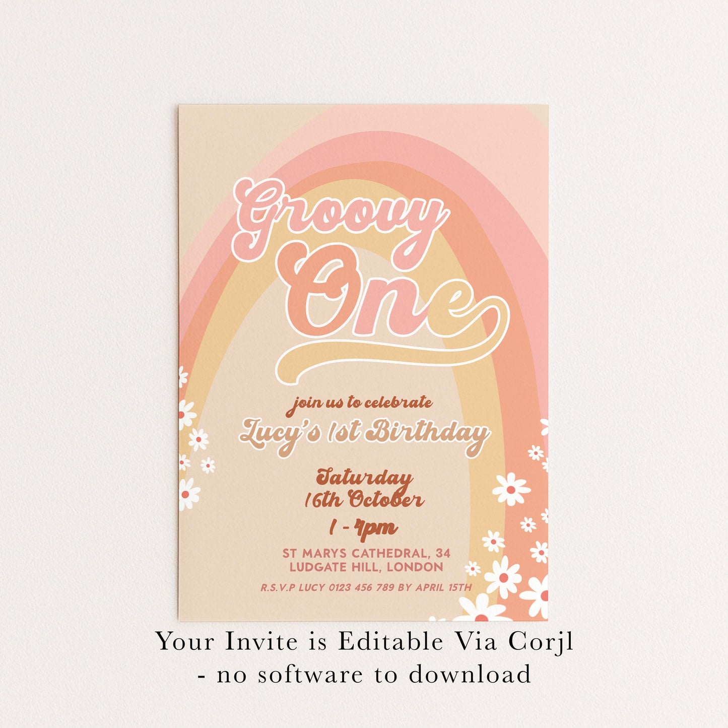 Groovy One Birthday Invitation, Retro First Birthday Party Invite, Boho Rainbow 1st Birthday, Editable Template GR78