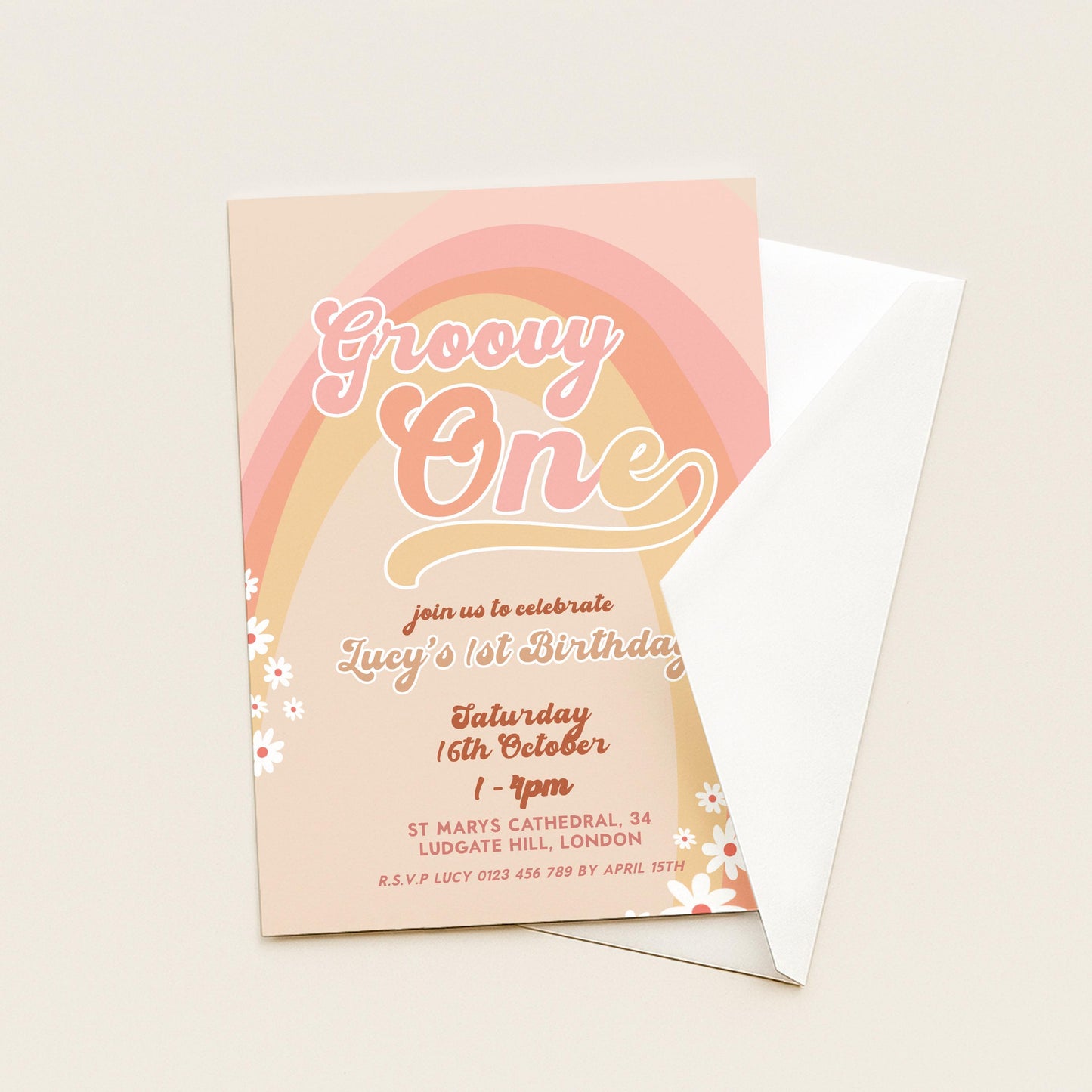 Groovy One Birthday Invitation, Retro First Birthday Party Invite, Boho Rainbow 1st Birthday, Editable Template GR78