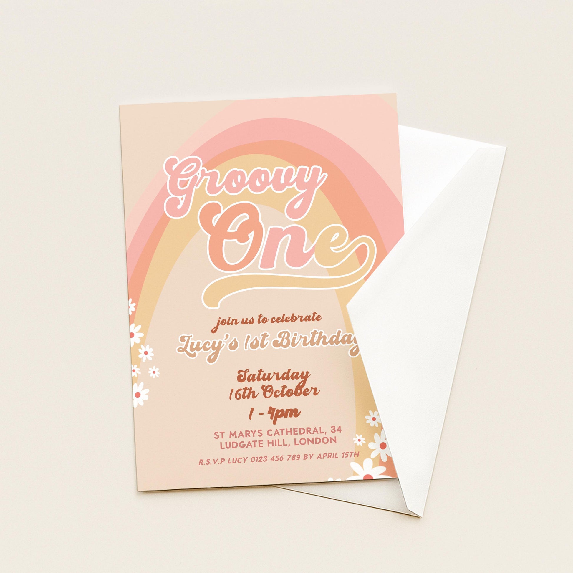 Groovy One Birthday Invitation, Retro First Birthday Party Invite, Boho Rainbow 1st Birthday, Editable Template GR78