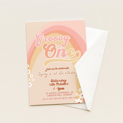 Groovy One Birthday Invitation, Retro First Birthday Party Invite, Boho Rainbow 1st Birthday, Editable Template GR78